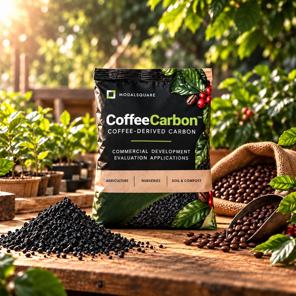CoffeeCarbon™ concept packaging for a coffee-derived carbon material under development.